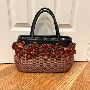 Vintage Isabella Fiore Flower Embellished Wicker Handbag Purse Gingham lining